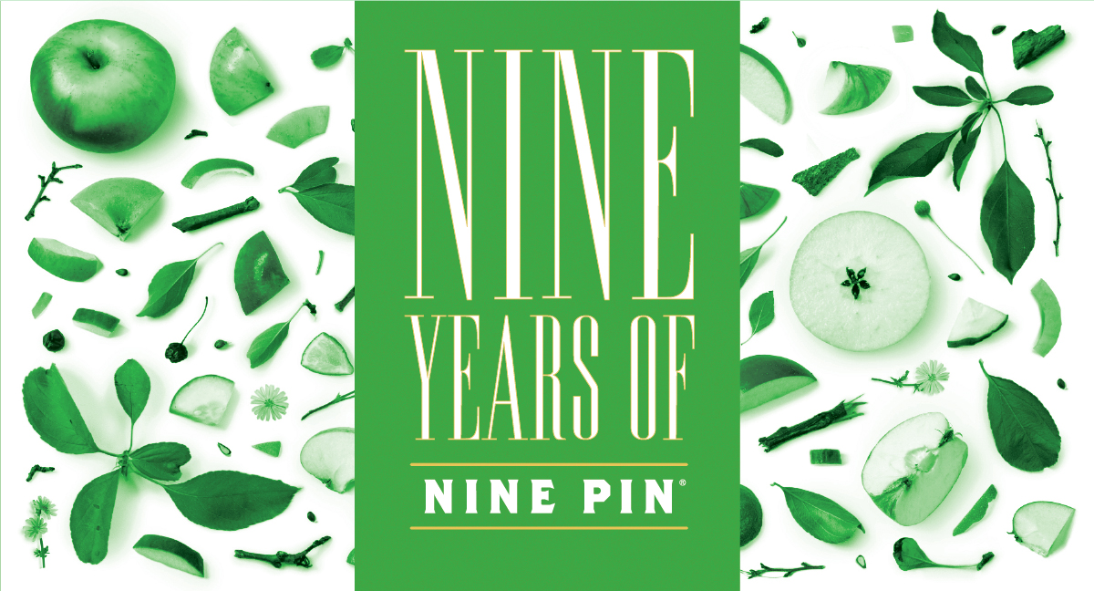 white background with green apples, text reads nine years of nine pin