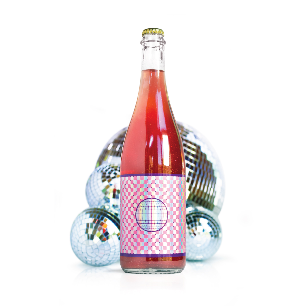 disco berry bottle with disco balls in background